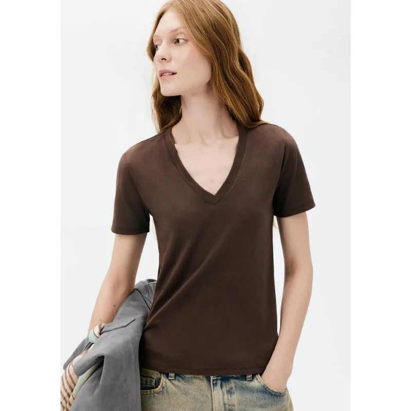 Blusa Básica Feminina Manga Curta Decote V - Marrom M
