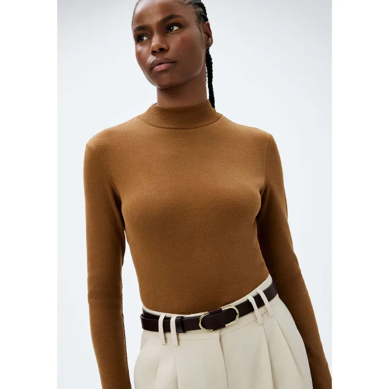 Blusa Básica Feminina Manga Longa Gola Alta Em Ribana Canelada - Marrom P