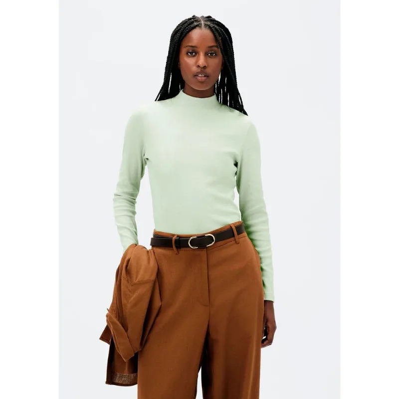 Blusa Básica Feminina Manga Longa Gola Alta Em Ribana Canelada - Verde G