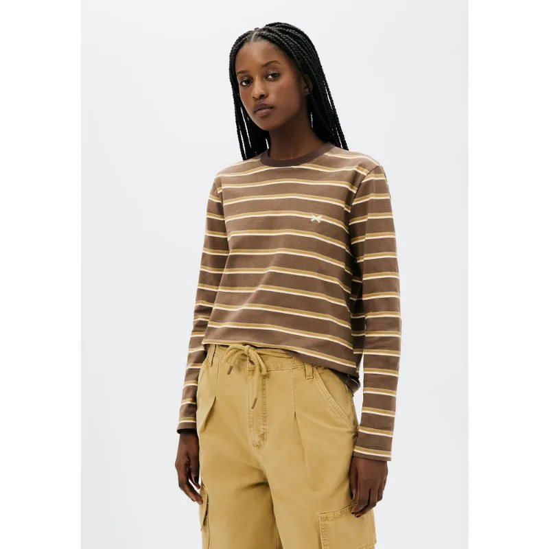 Blusa Feminina Manga Longa Listrada - Marrom XG