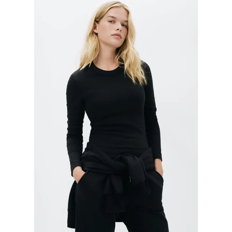 Blusa Feminina Manga Longa Slim Em Ribana - Preto G
