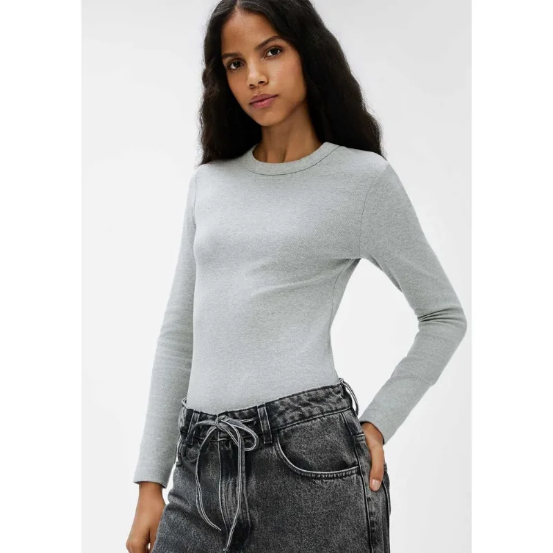 Blusa Feminina Manga Longa Slim Em Ribana - Cinza XG