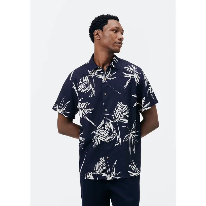 Camisa Masculina Manga Curta Estampada Em Linho - Azul M