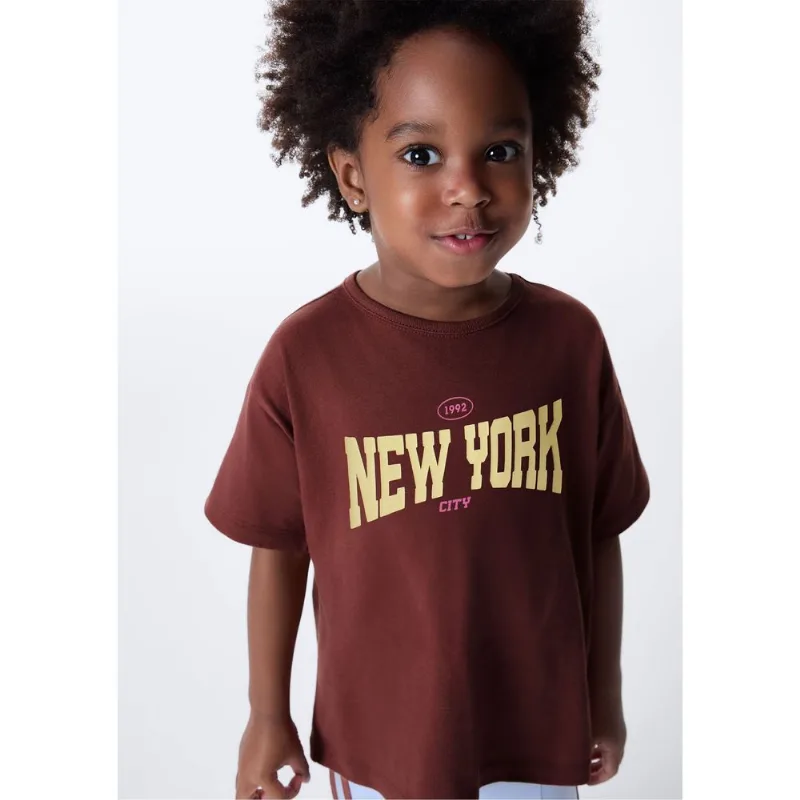 Camiseta Infantil Menina Estampada Oversized - Marrom 004