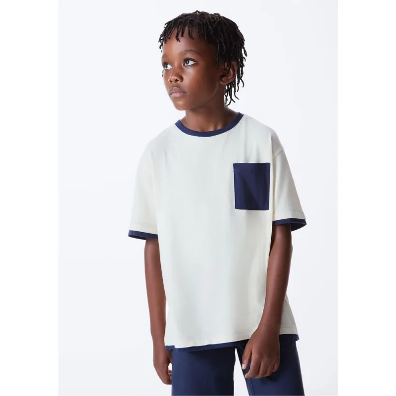 Camiseta Infantil Menino Decote Em Ribana Oversized - Creme 012