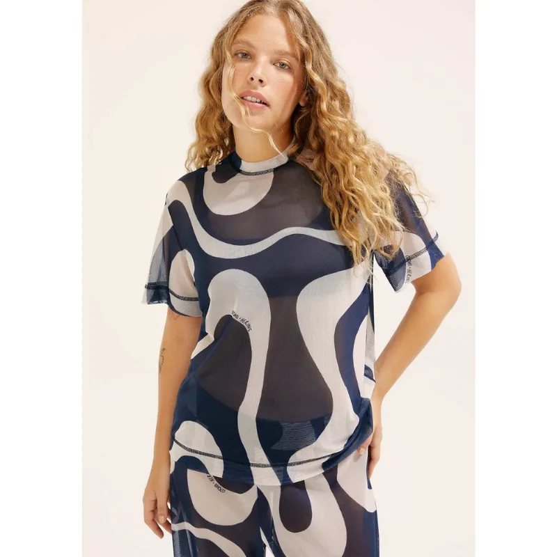 Blusa Manga Curta Estampada Em Tule Hering + Cosmo - Azul XG