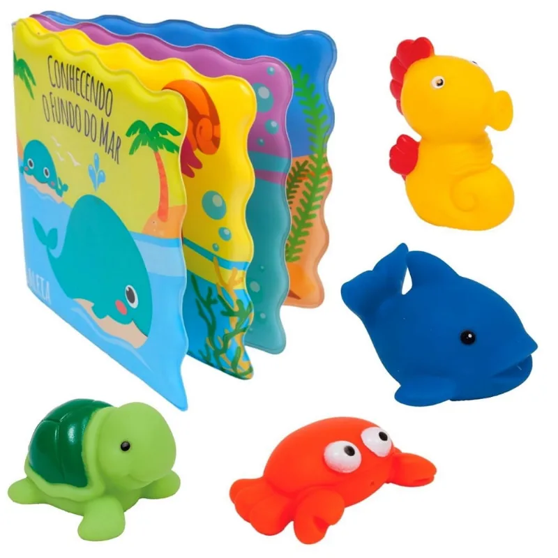 Brinquedo de Banho Livro Conhecendo o Fundo do Mar + 4 Bichinhos do Mar Buba