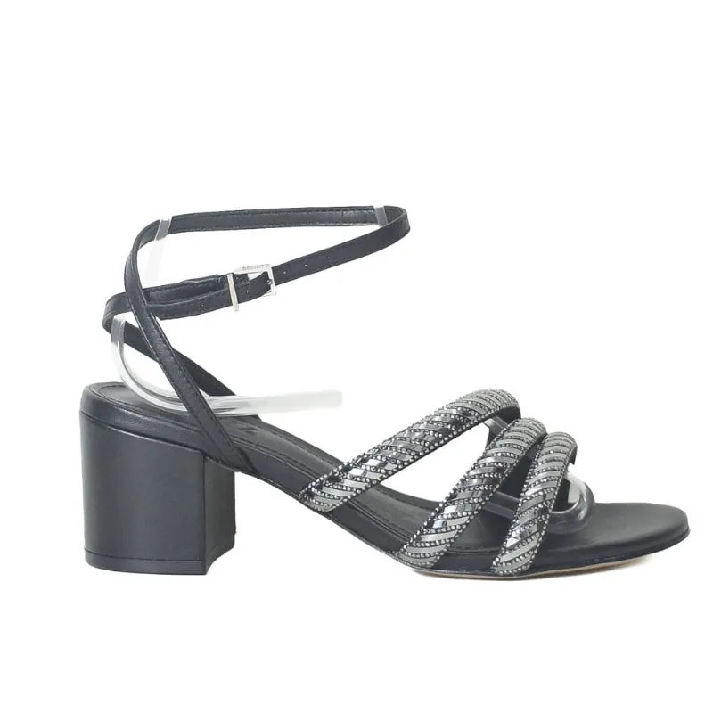 Sandália salto bloco preto tiras brilho S 20001 0808 0002 schutz