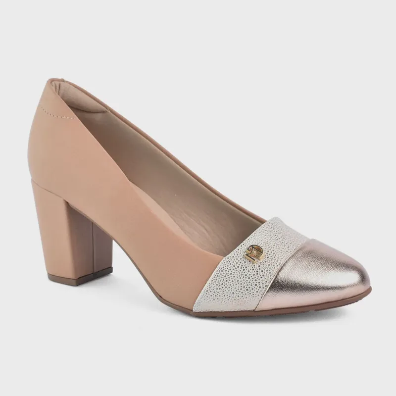 Sapato Scarpin Modare Casual Conforto Salto Grosso Médio Nude Ouro