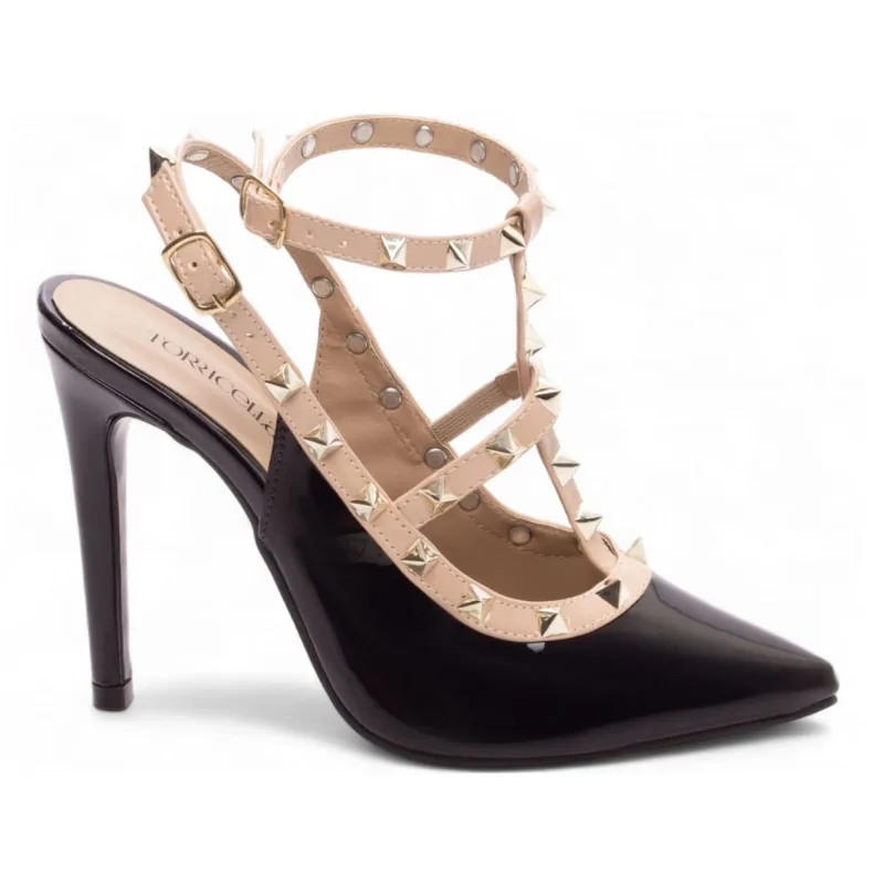 Sapato Scarpin Salto Alto Stiletto Bico Fino Feminino 12 cm Verniz Bege Preto Torricella