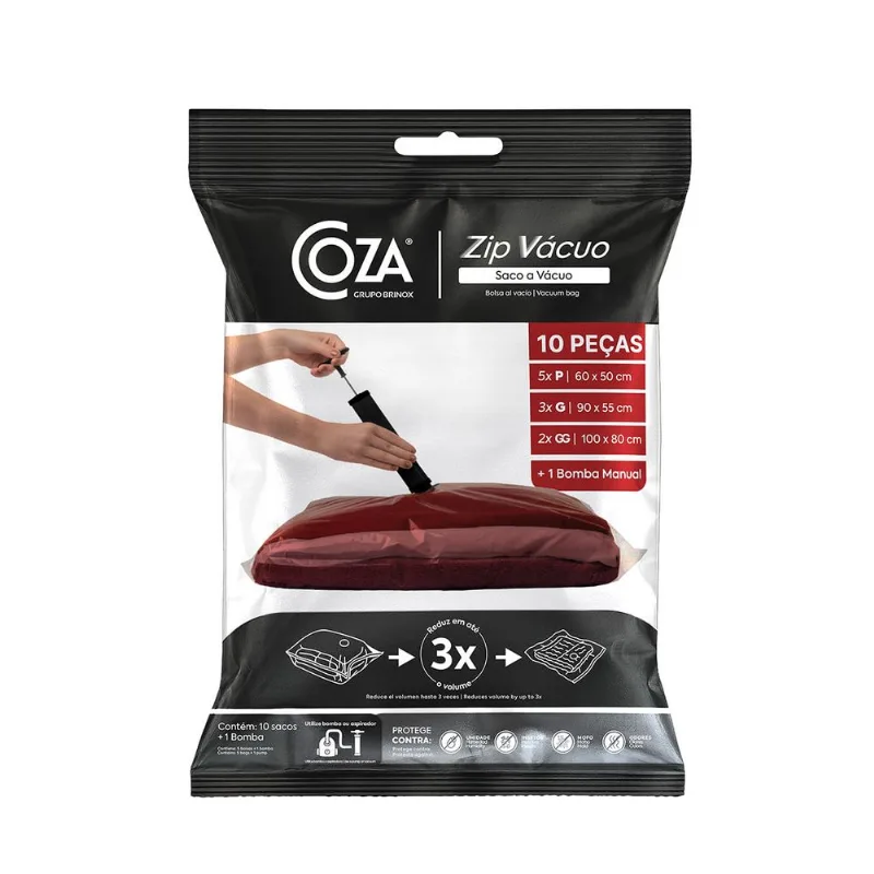 Kit Saco a Vácuo Coza Zip Vácuo 10 Sacos 3 Tamanhos com Bomba Manual Kit Saco a Vacuo Zip Vacuo P G GG 10 Peças 60x50cm e Bomba Manual Coza