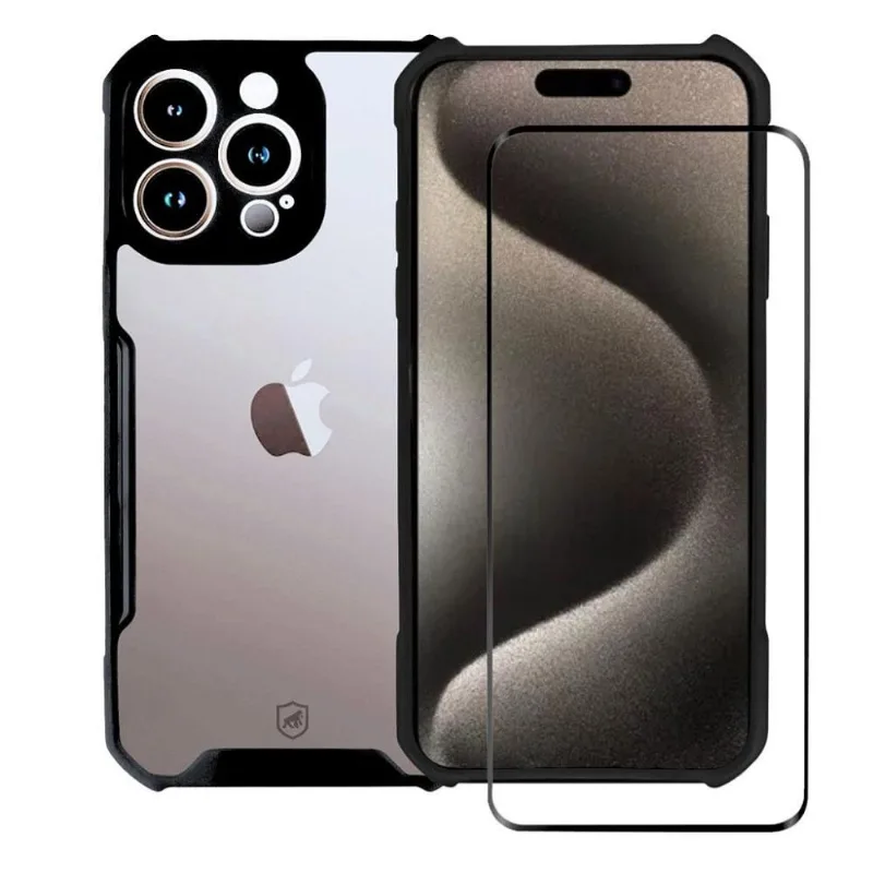 Kit Capa Dual Shock X e Pelicula Coverage 5D Pro Preta para iPhone 15 Pro - Gshield