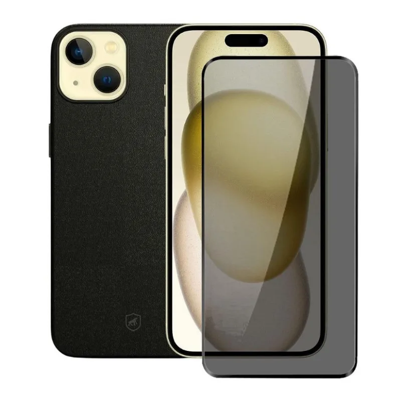 Kit Capa Couro Dual Preta e Película Defender Pro Privacidade para iPhone 15 Plus - Gshield - Gshield