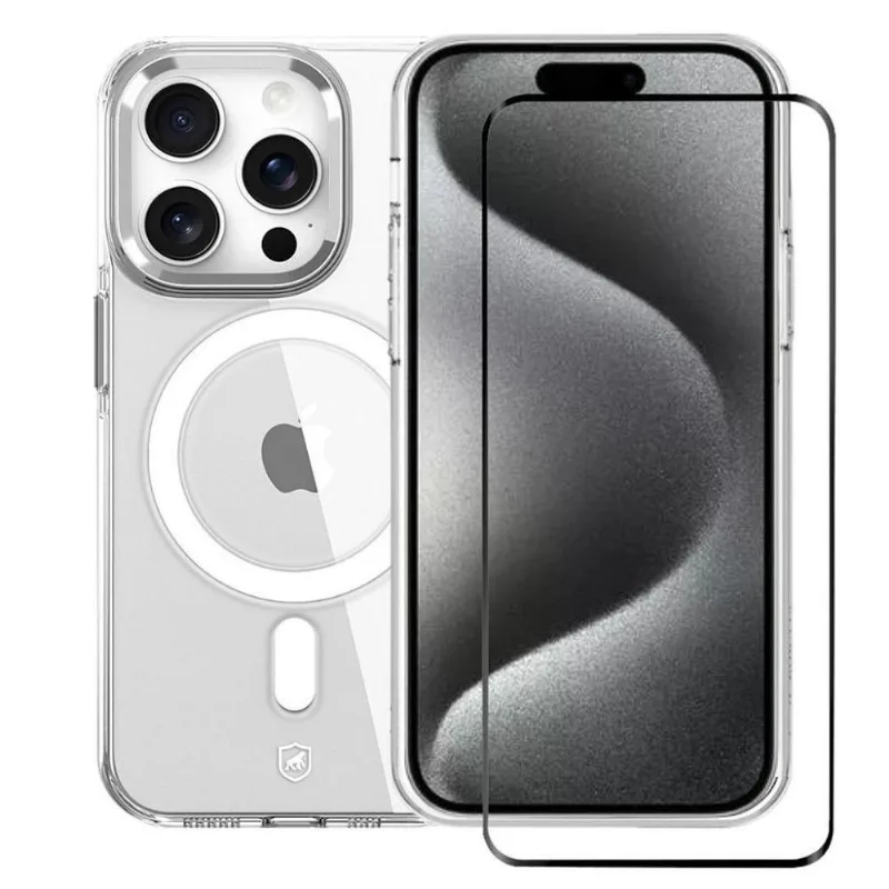 Kit Capa Magsafe Crystal Armor E Pelicula Coverage 5d Pro Preta Para Iphone 15 Pro - Gshield