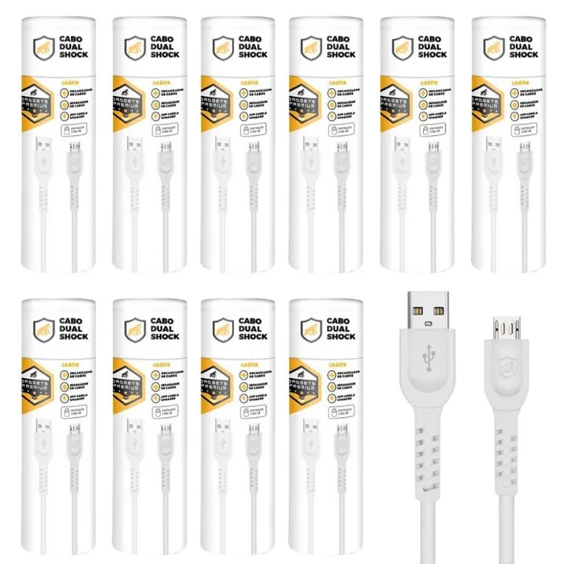 Cabo Dual Shock Micro Usb V8 - Branco - 1,2m - no Atacado - Caixa Fechada 10 Unidades - Gshield