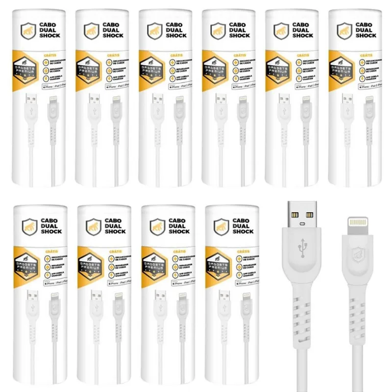 Cabo Dual Shock Lightning / USB A - Branco - 1,2m - no Atacado - Caixa Fechada 10 Unidades - Gshield - Gshield