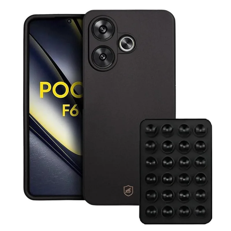 Kit Capa Para Smartphone Gshield Xiaomi Poco F6 5G Proteção Com Suporte Ventosa Silicone Preto