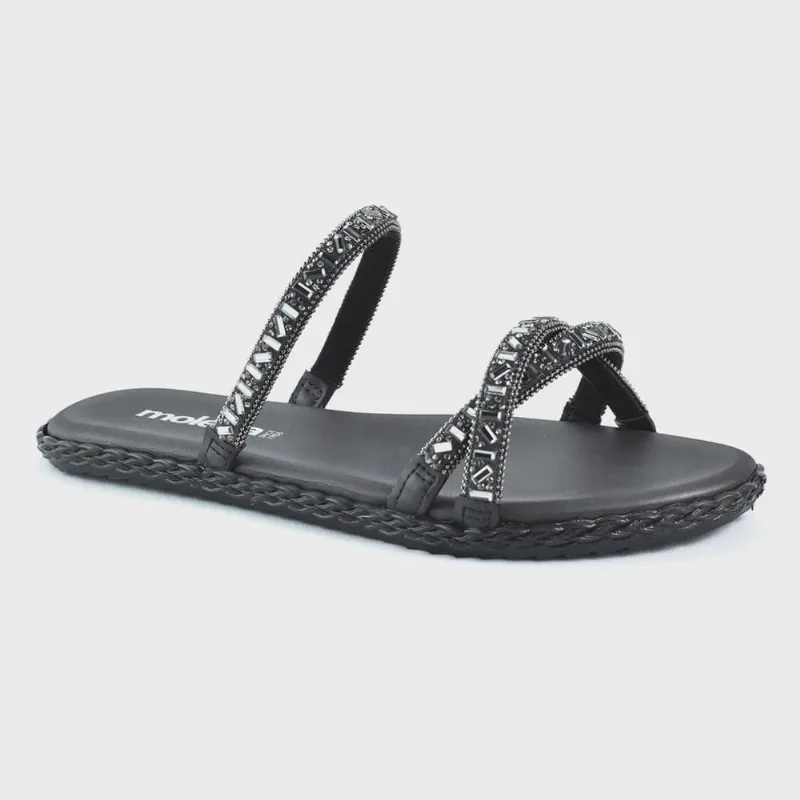 Tamanco Rasteiro Moleca Casual Strass Feminino Preto Grafite