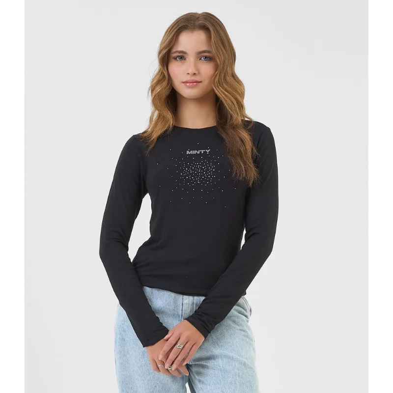 Blusa Juvenil Com Strass Manga Longa Minty Preto 16