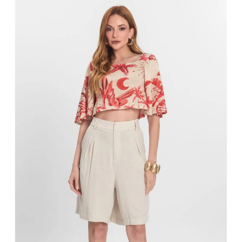 Bermuda Feminina Em Linho Com Bolsos Endless Bege P