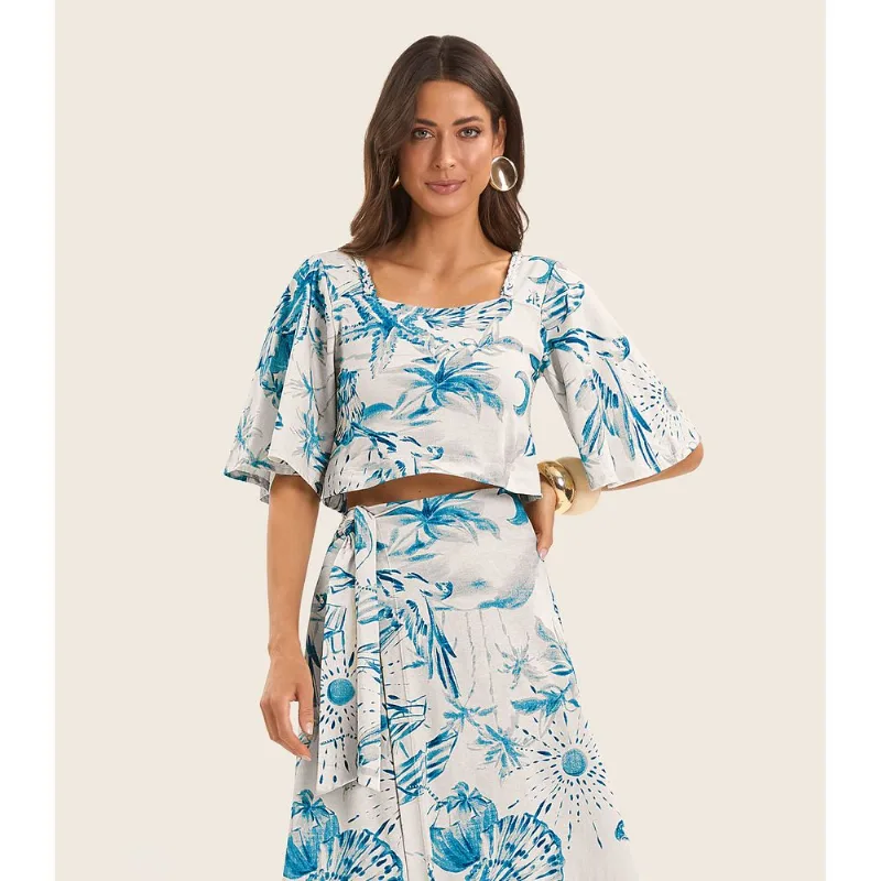 Blusa Cropped Manga Ampla em Meia Malha Endless Azul GG