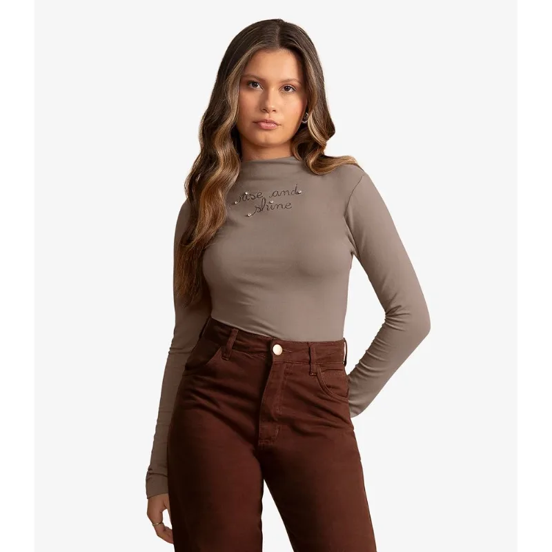 Blusa Juvenil Longa Molecotton E Rebites Minty Marrom 14