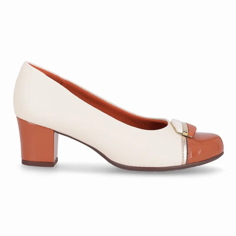 Scarpin Laura Salto Médio Off White com Ocre 41