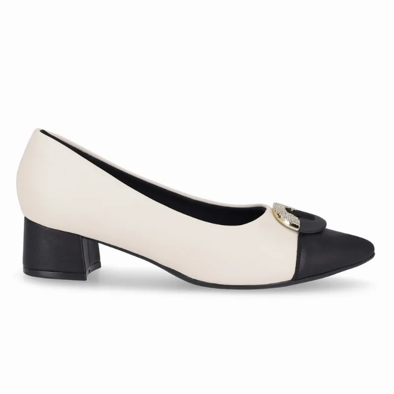 Scarpin Taci Salto Médio Off White com Preto 35