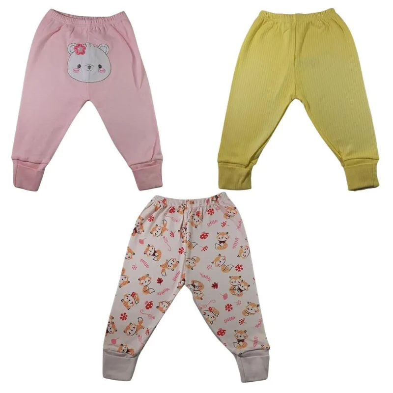 Calça De Bebe Liso Bordado Estampado Menina Kit 3 Pçs Mijão Para Enxoval e Berçario 100% Algodão