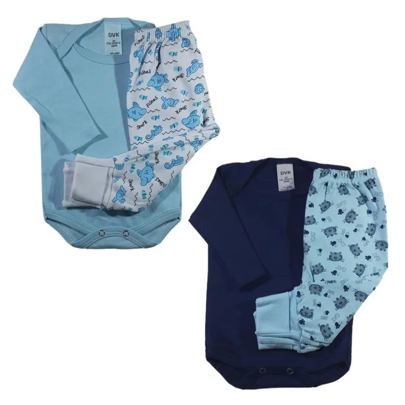 Kit Roupa Bebe 2 Body Liso Manga longa e 2 Mijão Estampado 4 Peças 100% Algodão Suedine Maternidade