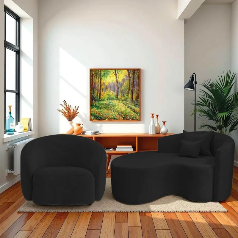 Kit Recamier Curvo Sala De Estar Inglaterra 150cm Lado Esquerdo E Poltrona Orgânica Luxo Amore Bouclé Preto - OUTRAS - Móveis