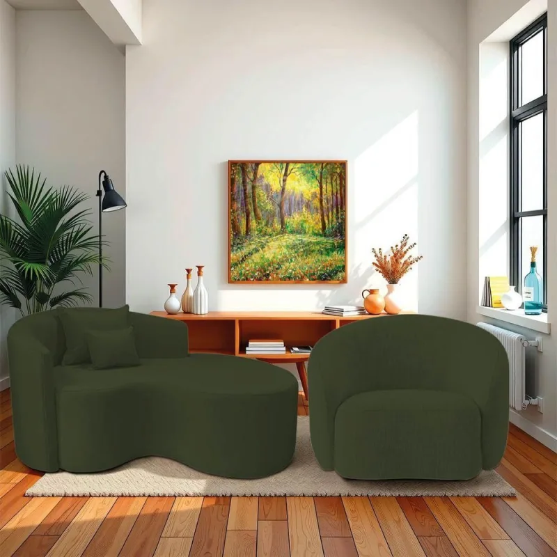 Kit Recamier Curvo Sala De Estar Inglaterra 150cm Lado Direito E Poltrona Orgânica Luxo Amore Linho Verde - OUTRAS - Móveis