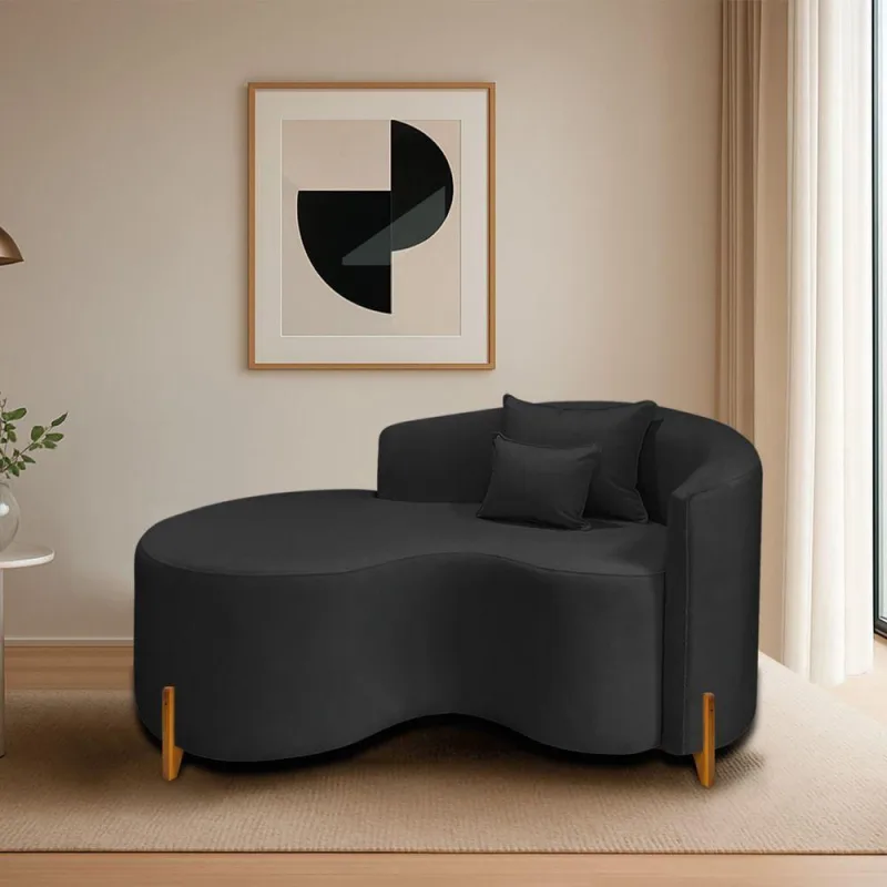 Divã Recamier Curvo Sala De Estar Recepção Inglaterra 150cm Pés Madeira Lado Esquerdo Bouclé Cor Preto - OUTRAS - Móveis