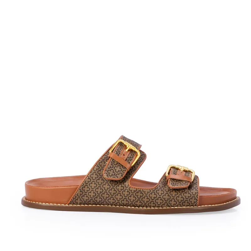 Chinelo Papete de Couro Fivelas Caramelo Monograma 37