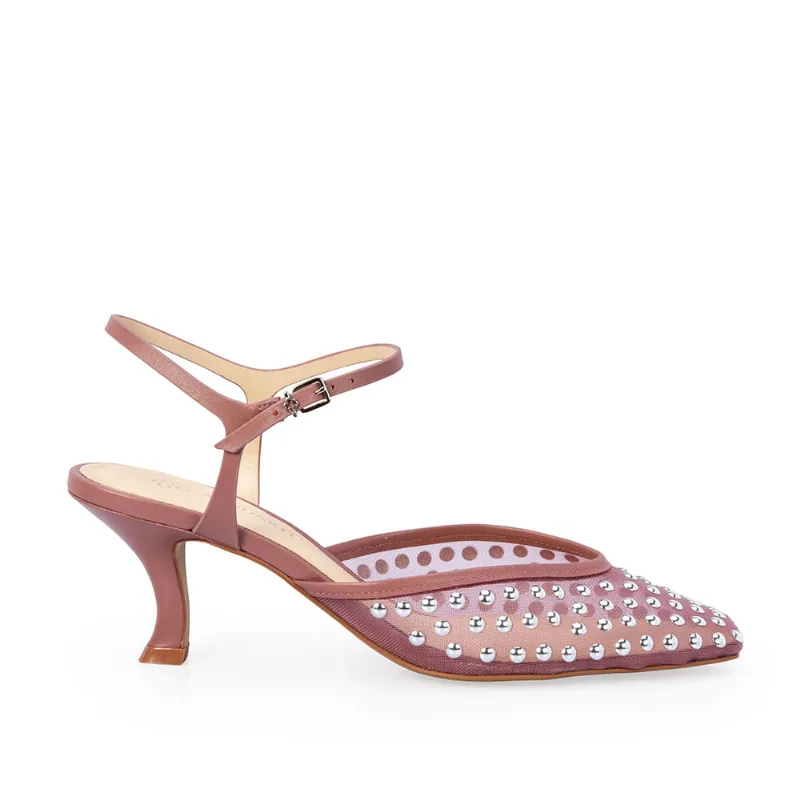 Sandália Salto Médio Couro Rosa Malva Tachas 34 - CAPODARTE