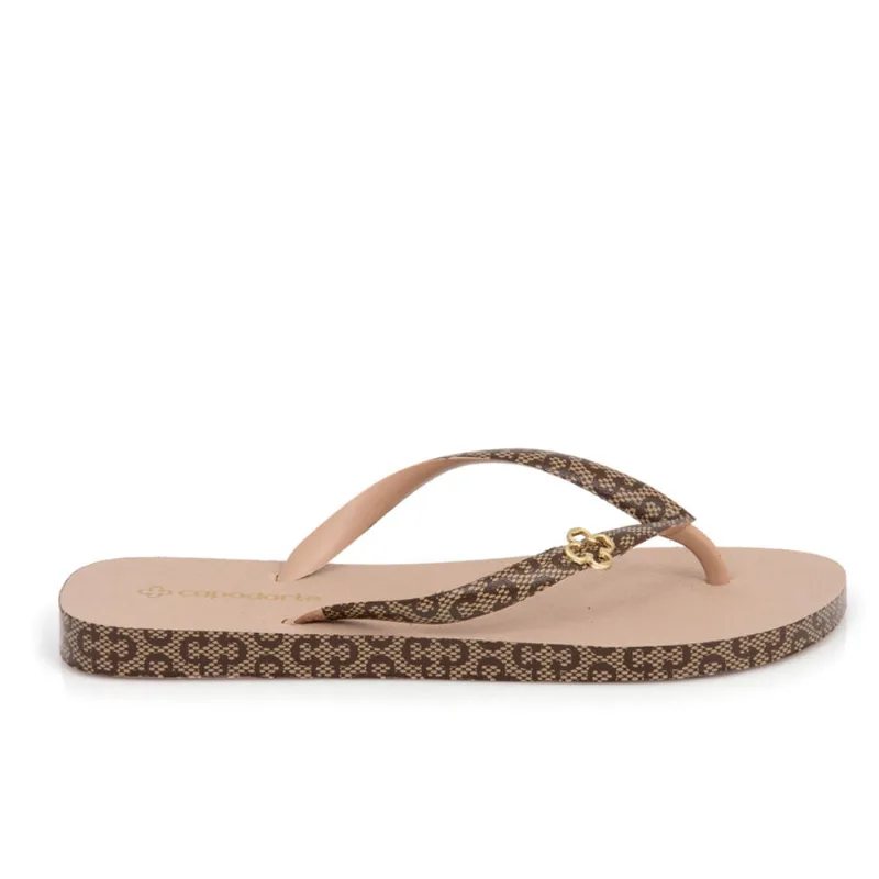 Chinelo de Dedo Nude Seda Monograma Logo Dourado 37.38 - CAPODARTE