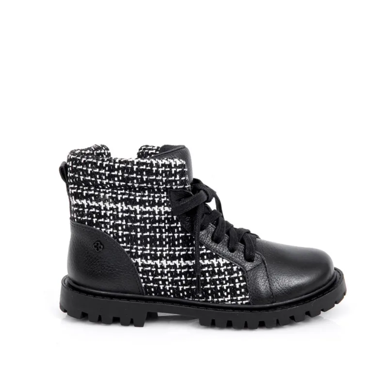 Bota Infantil Couro Tweed Preta e Branca 27