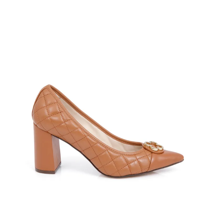 Scarpin Salto Bloco Couro Matelassê Caramelo 36