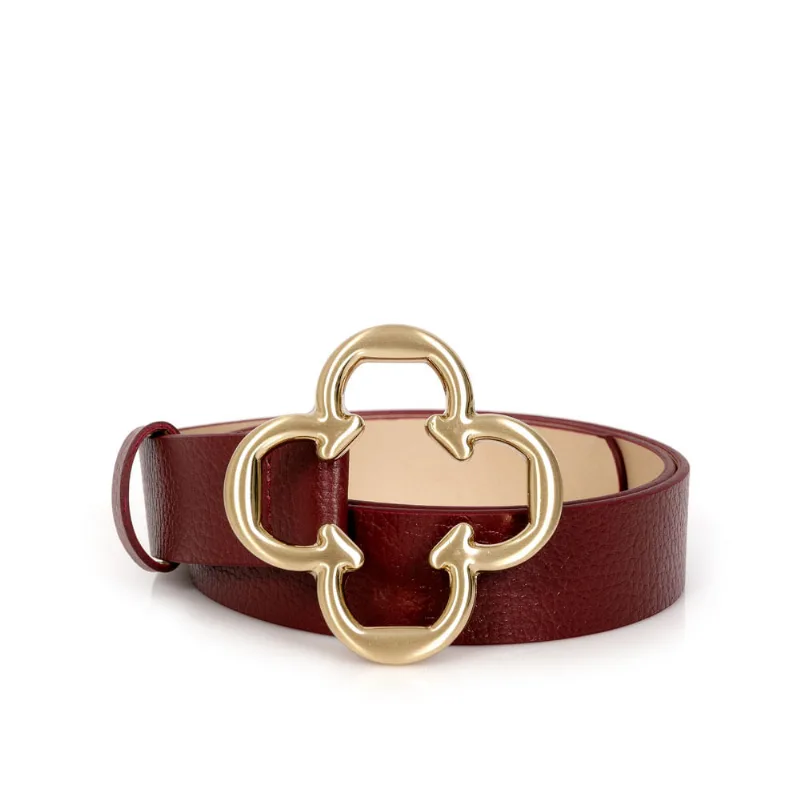 Cinto Feminino Couro Bordô Trevo Dourado 85