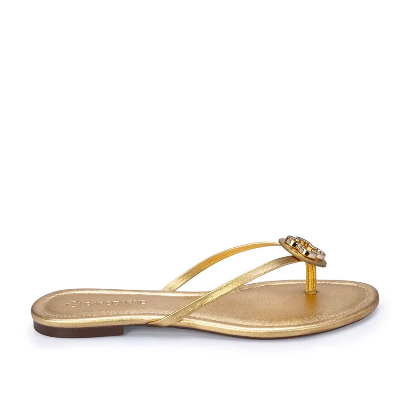 Chinelo Rasteiro de Couro Dourado Metalizado 36