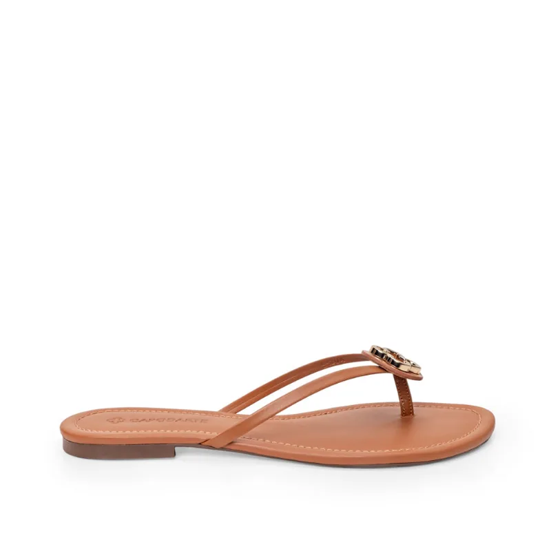 Chinelo Rasteiro de Couro Camel Bico Redondo 33