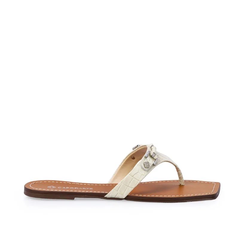 Chinelo Rasteiro de Couro Branco Duna Bico Quadrado 36