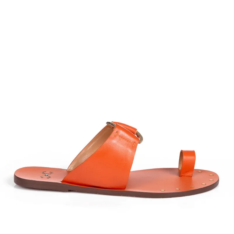 Chinelo Rasteiro de Couro Laranja Bico Redondo 41