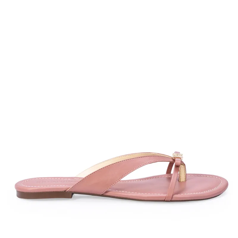 Chinelo Rasteiro Rosa Malva De Couro Laço 36