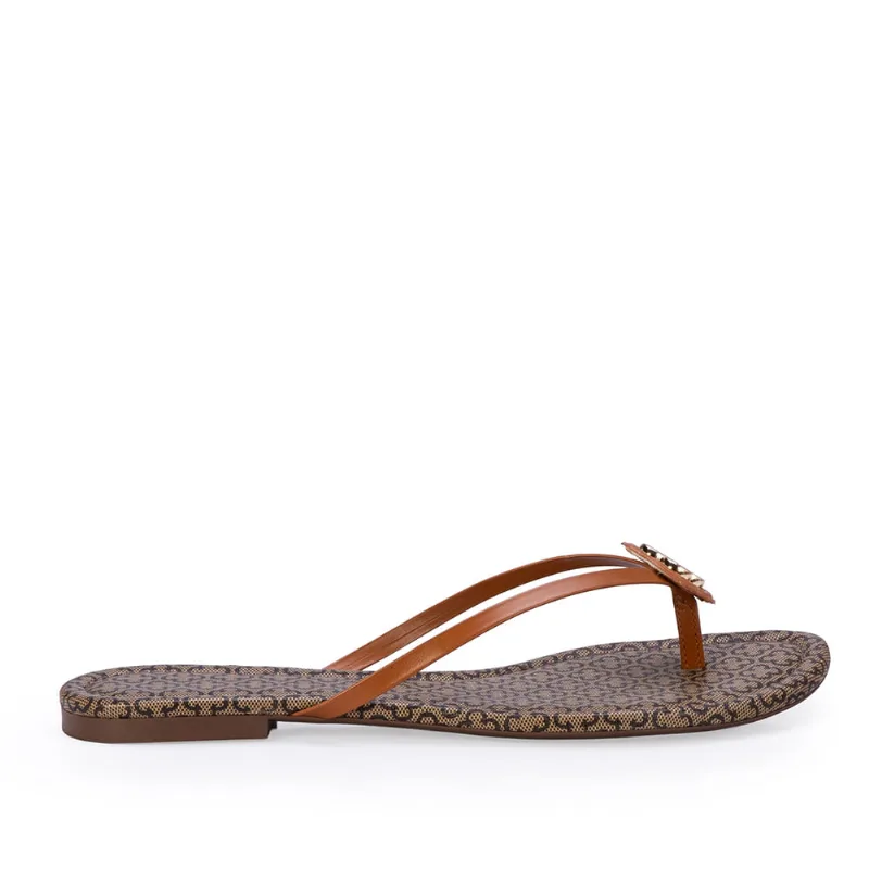 Chinelo De Dedo Couro Camel Monograma Trevo Dourado 40