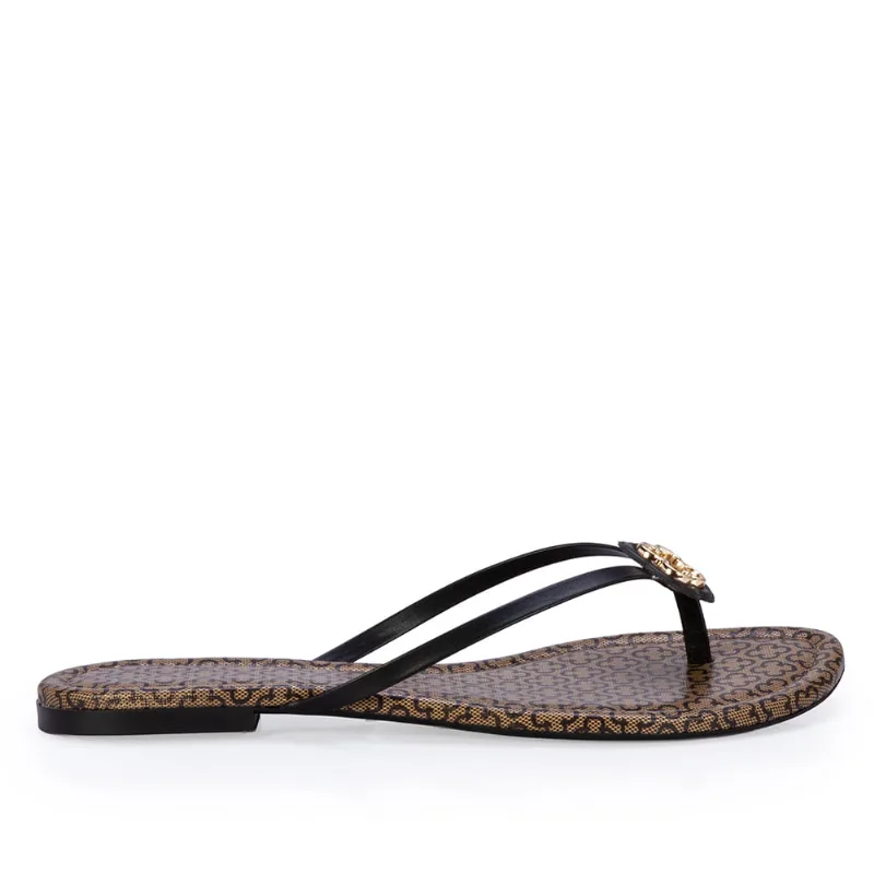 Chinelo De Dedo Couro Preto Monograma Trevo Dourado 39