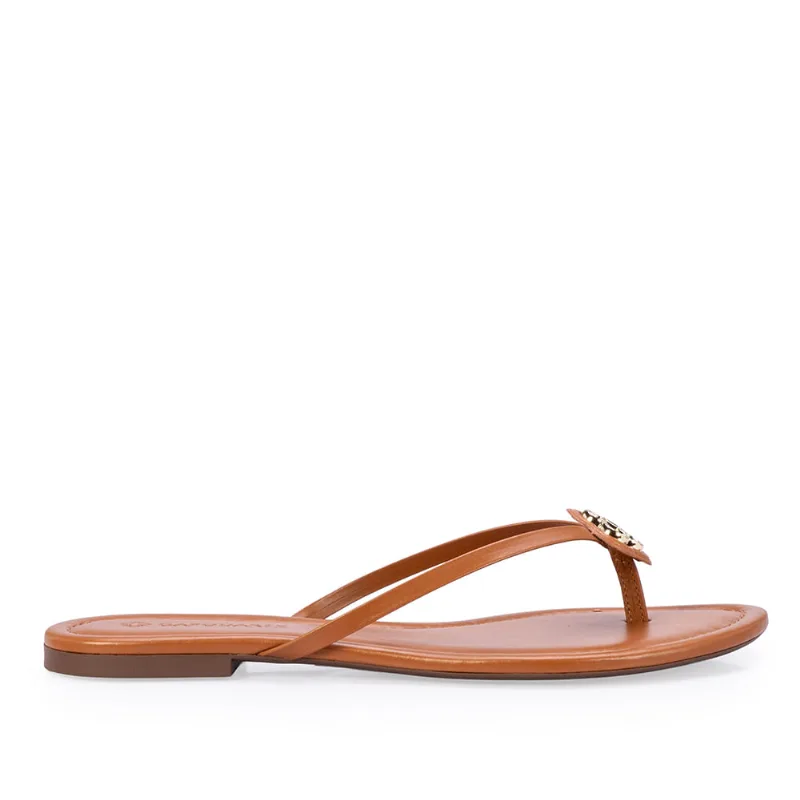 Chinelo De Dedo Couro Caramelo Trevo Dourado 40