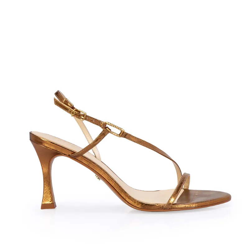 Sandália Salto Alto Couro Metalizado Bronze 37
