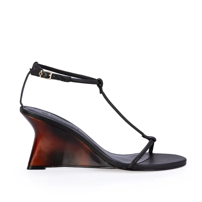 Sandália Salto Alto Anabela Tortoise Couro Preta 37