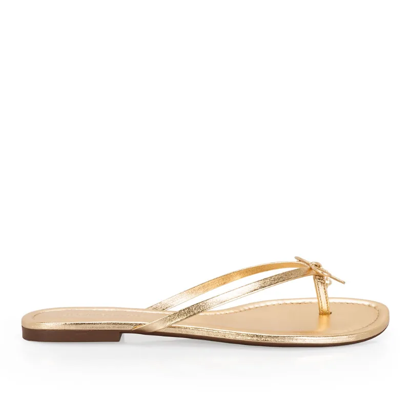 Chinelo De Dedo Couro Dourado Com Pingente 35